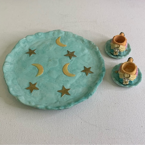 Miniature Tea Set Angels Tea Cups Plates Moon Stars Resin VTG 1995 Young's Inc - Picture 4 of 16